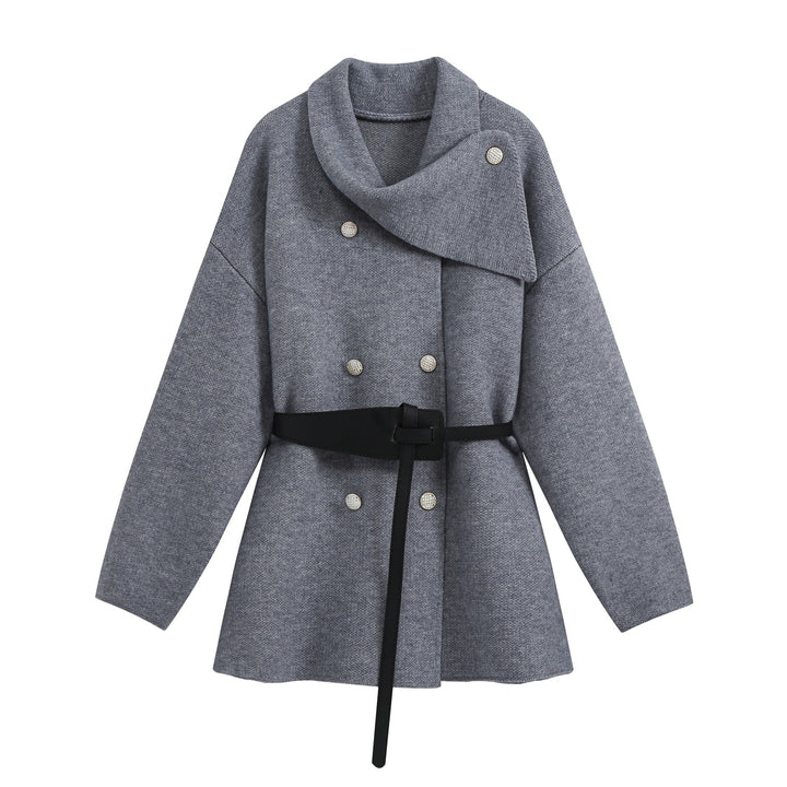 Women's Short Blouson Coat in Cocoon Cut with Asymmetrical Shawl Collar and Waist Belt Mune Fashion