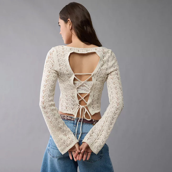 Women's Fine Knit Cropped Top with Openwork Pattern and Round Neckline Mune Fashion