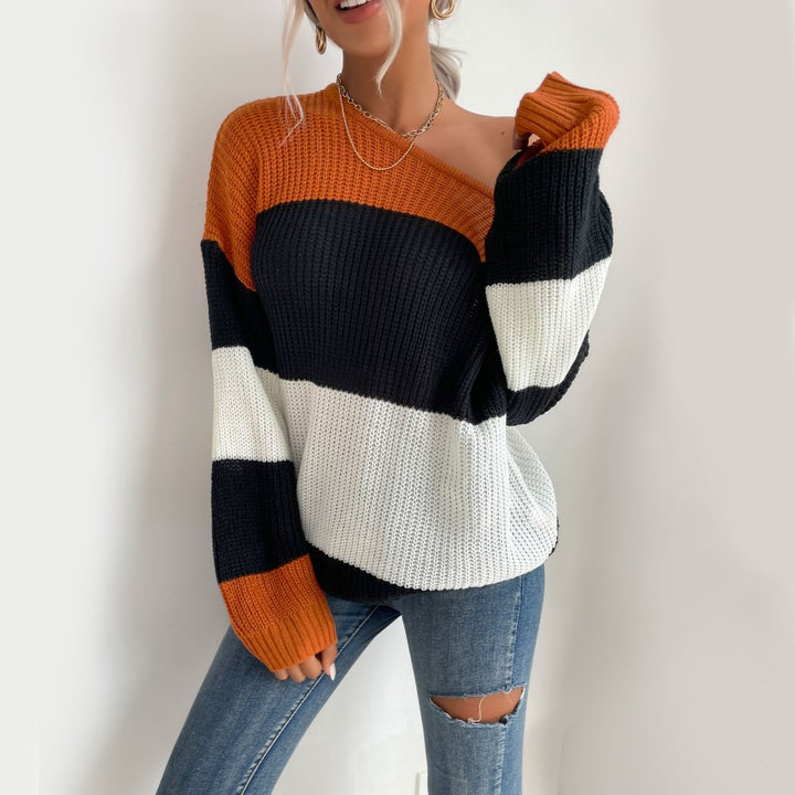 Women's Casual Striped Sweater with Off-Shoulder Design Mune Fashion