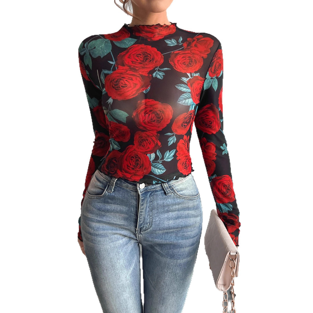 Women's figure-hugging mesh long-sleeve shirt with rose motif, high collar and wave hem Mune Fashion