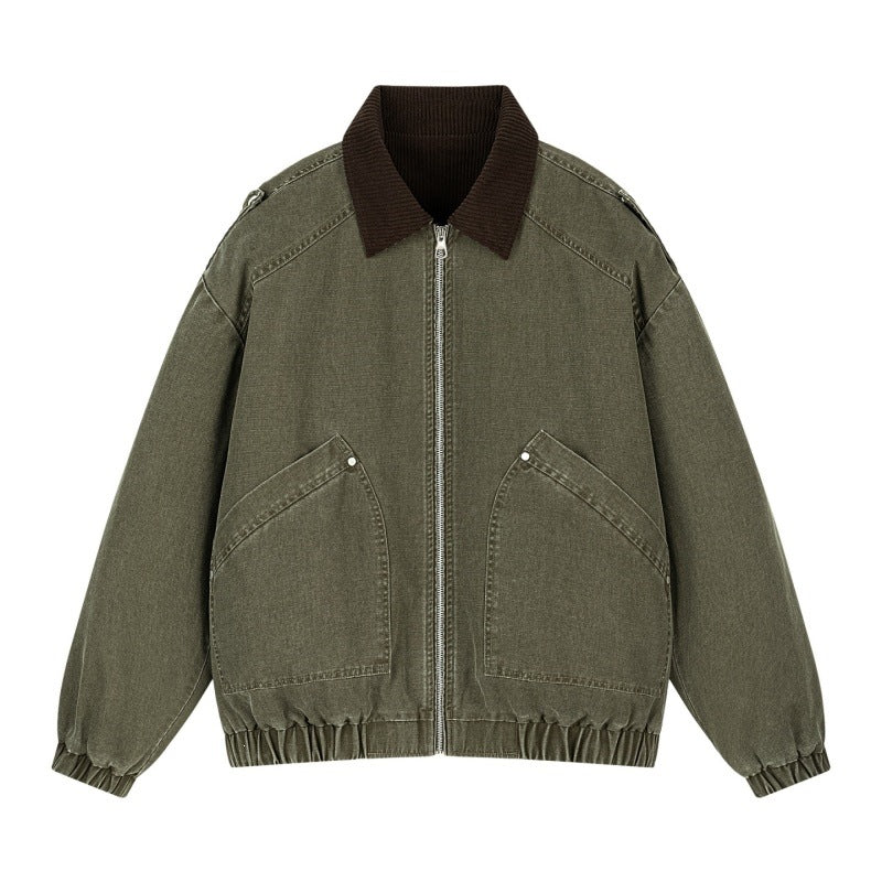 Men's Oversized Denim Bomber Jacket with Ribbed Collar, Elastic Hem & Slanted Flap Pockets Mune Fashion