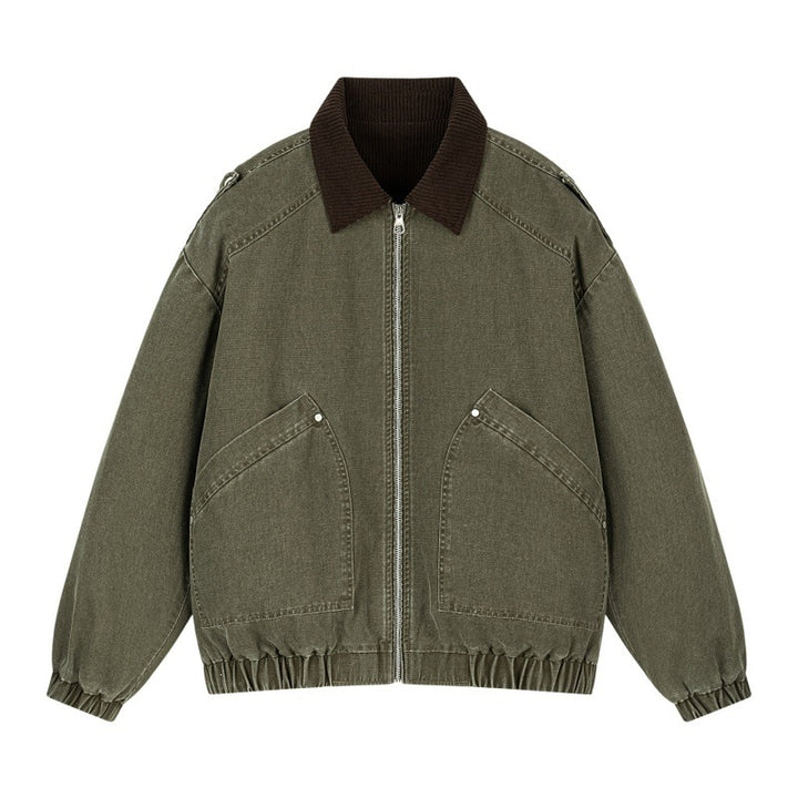 Men's Oversized Denim Bomber Jacket with Ribbed Collar, Elastic Hem & Slanted Flap Pockets Mune Fashion