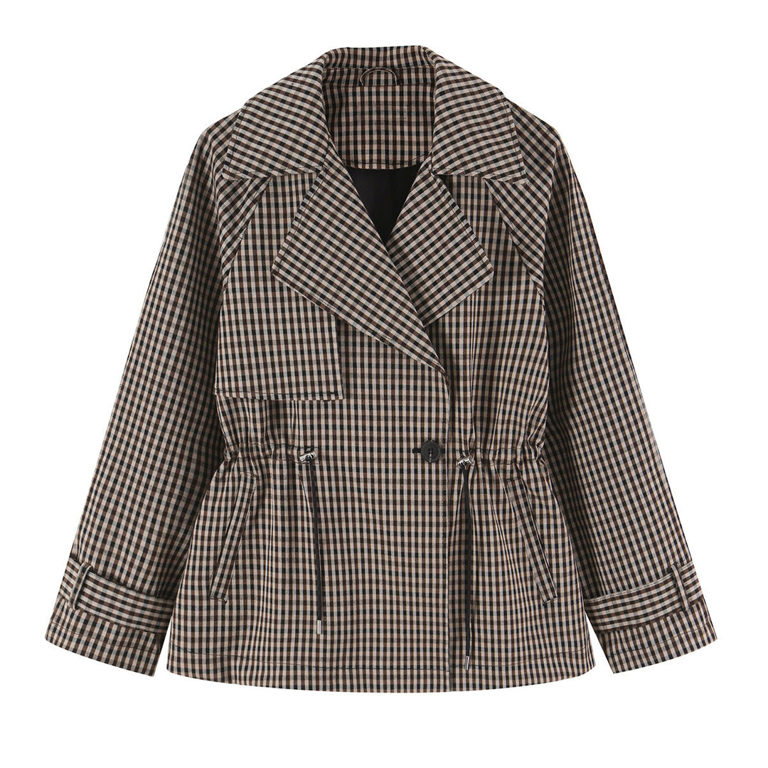 Women's Short Checked Trench Coat with Drawstring Waist and Wide Lapels Mune Fashion