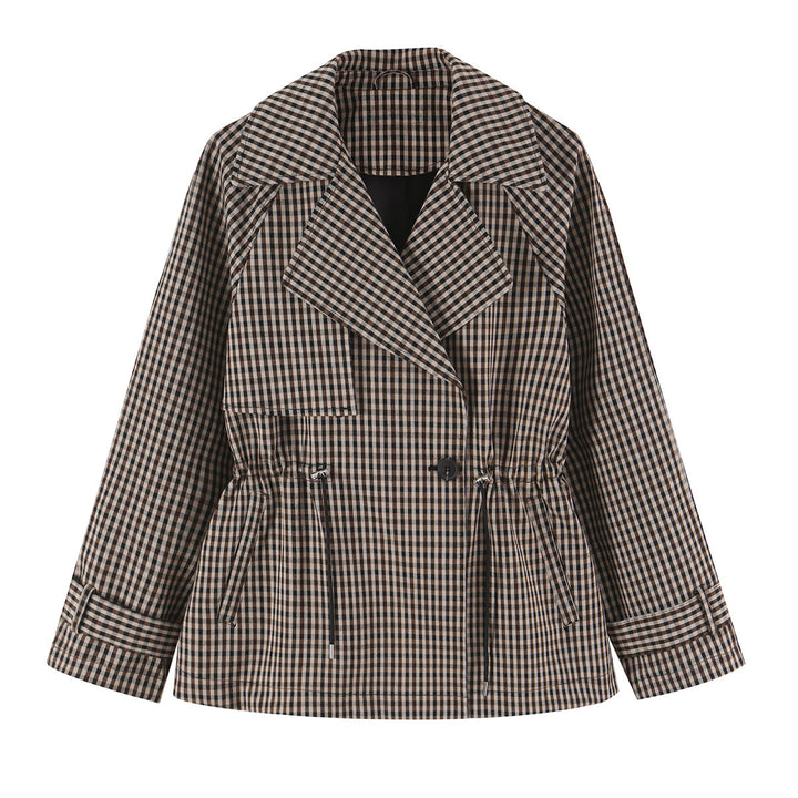 Women's Short Checked Trench Coat with Drawstring Waist and Wide Lapels Mune Fashion