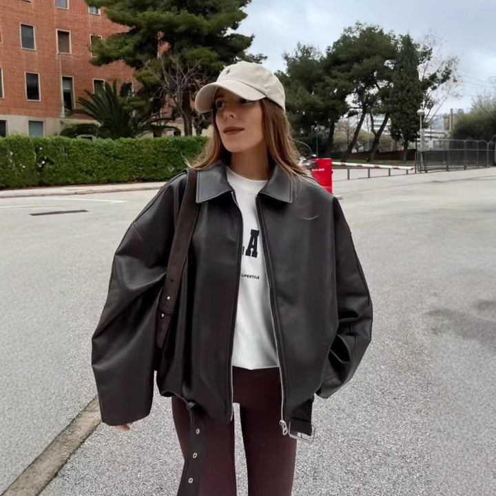 Women's Oversized Faux Leather Bomber Jacket with Belt and Shirt Collar Mune Fashion