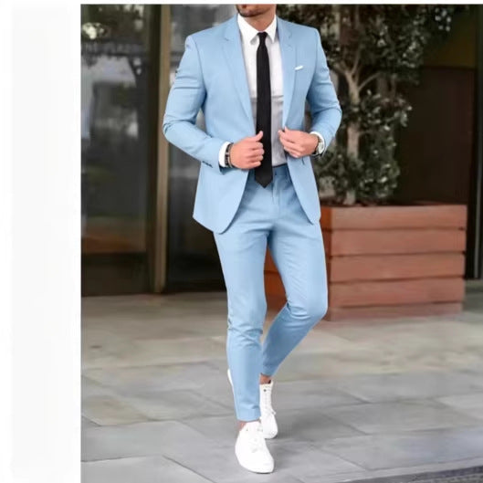 Men's fitted suit set made of lightweight stretch twill with single-button blazer and flat-front trousers Mune Fashion