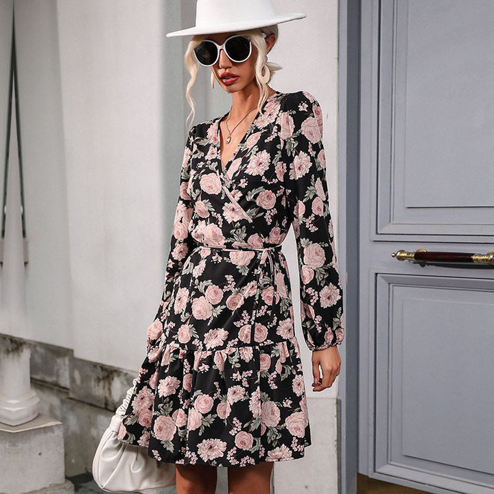 Women's Floral Wrap Mini Dress with Tailored Belt and High Slit Mune Fashion