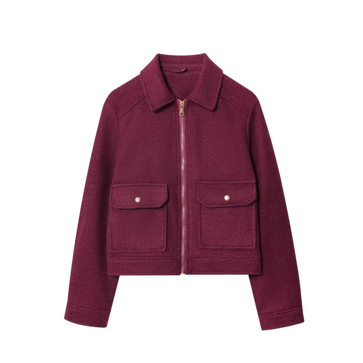 Ladies Short Wool Faux Field Jacket with Full Zipper and Four Flap Pockets Mune Fashion