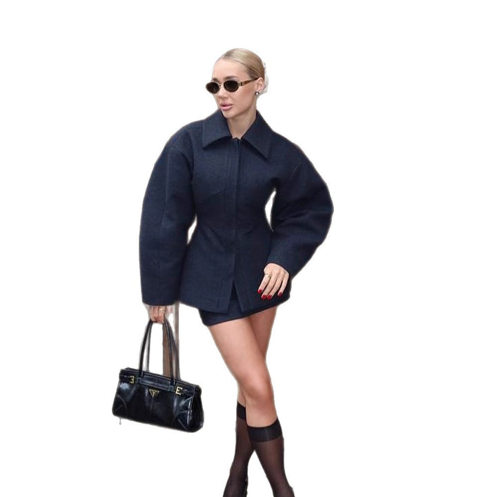 Women's Tailored Short Coat made of Wool Blend with Sculptural Balloon Sleeves Mune Fashion