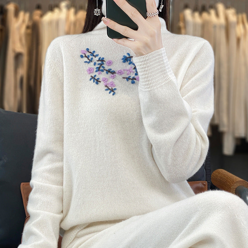 Women's Cashmere-Optics Turtleneck Sweater with Delicate Floral Embroidery on the Chest Area Mune Fashion