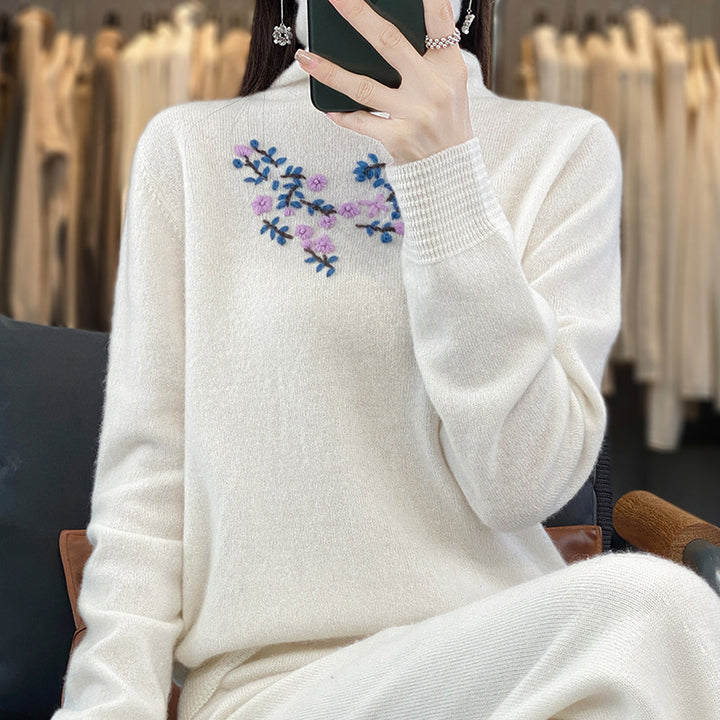 Women's Cashmere-Optics Turtleneck Sweater with Delicate Floral Embroidery on the Chest Area Mune Fashion