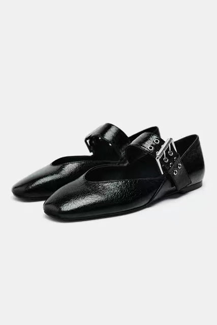 Ladies Flat Strap Ballerinas with Wide Decorative Buckle Strap and Leopard Pattern Mune Fashion