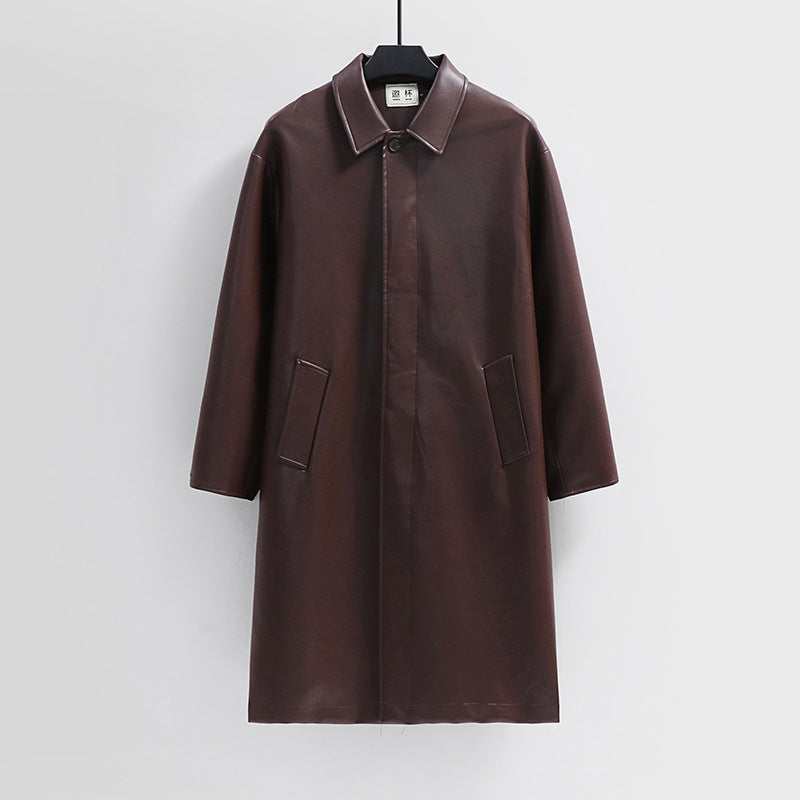 Men's longer minimalist faux leather coat with shirt collar, concealed button placket, and straight cut Mune Fashion