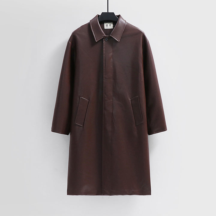 Men's longer minimalist faux leather coat with shirt collar, concealed button placket, and straight cut Mune Fashion
