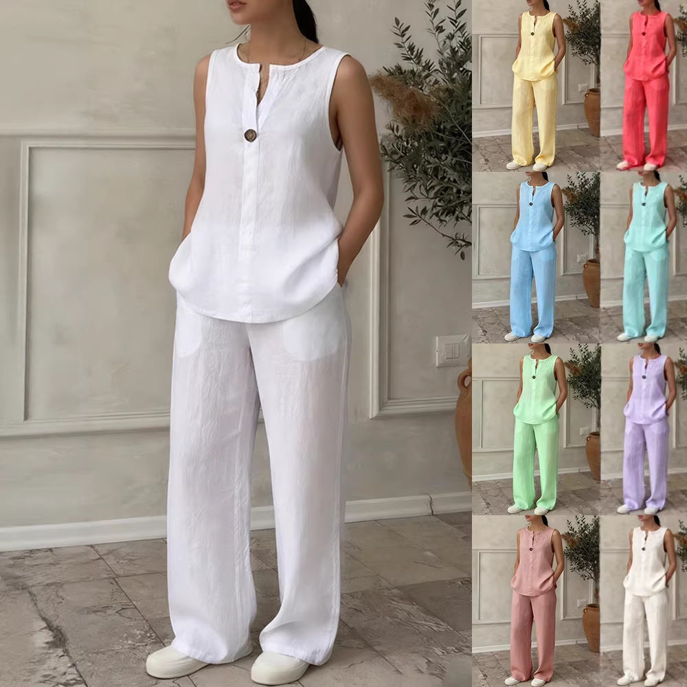 Women Linen Set with Elegant Button Detail Mune Fashion