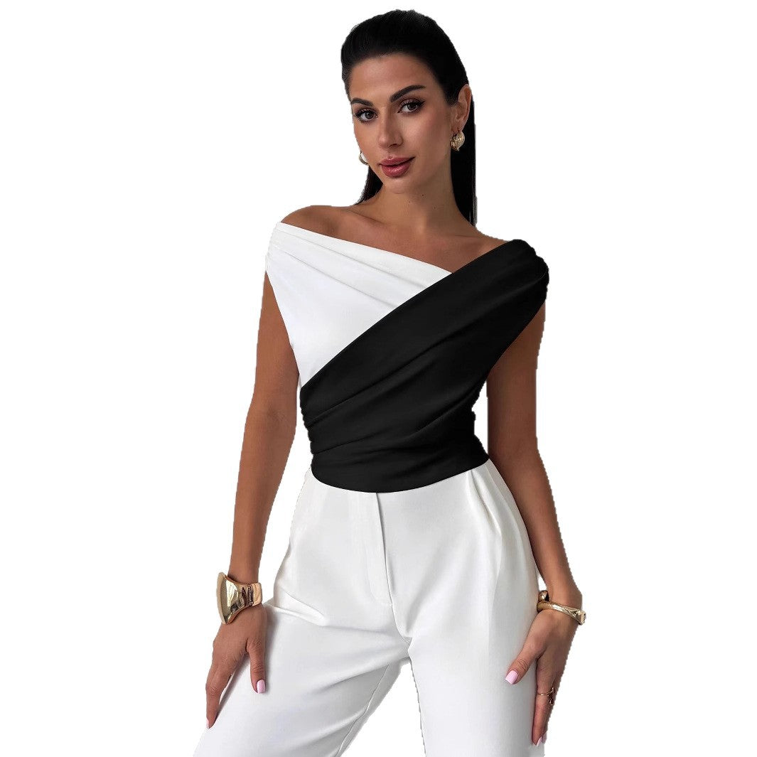 Ladies' elegant asymmetrical draped top with crossed front and figure-hugging waist Mune Fashion