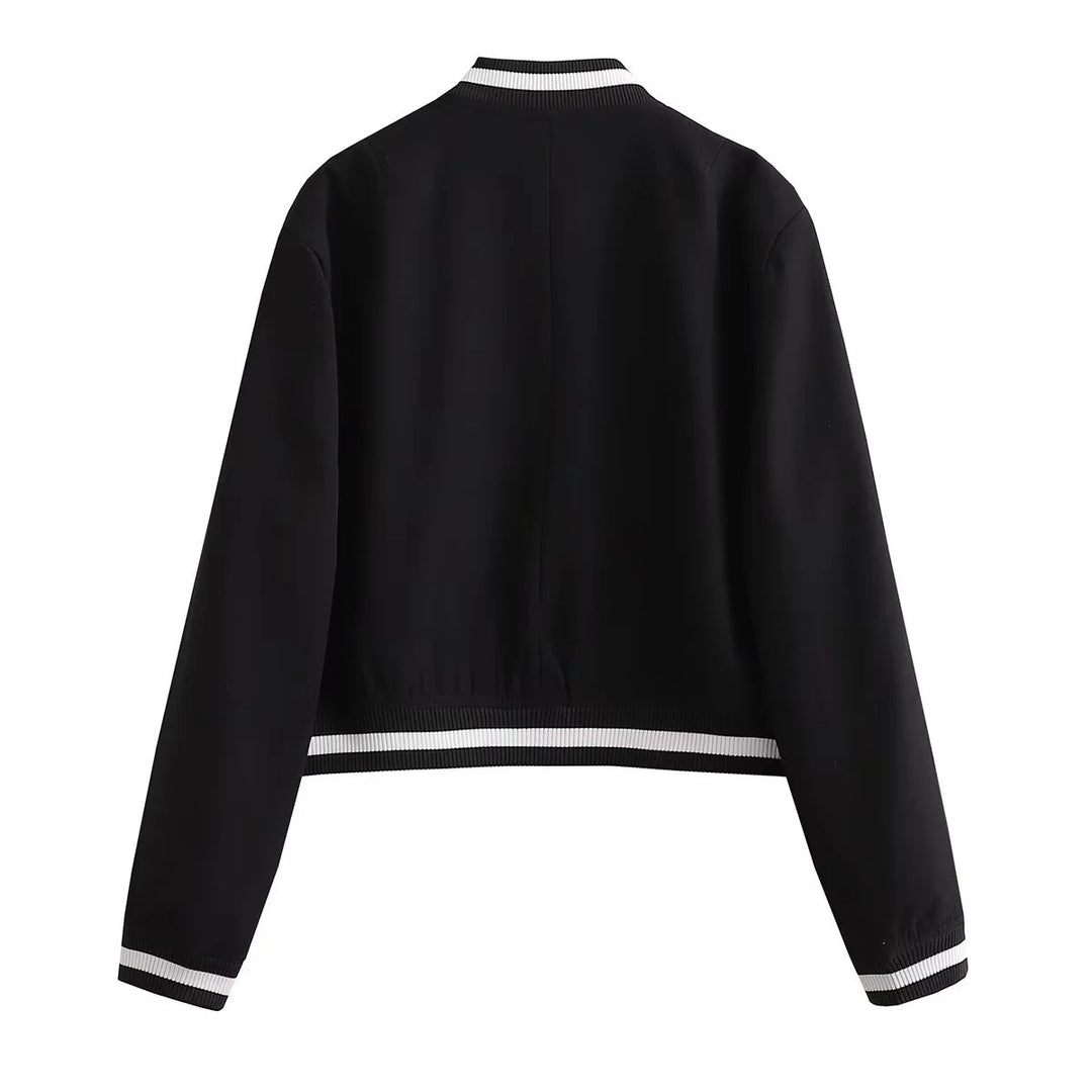Women's Cropped College Bomber Jacket with Striped Ribbed Cuffs and Snap Button Closure Mune Fashion