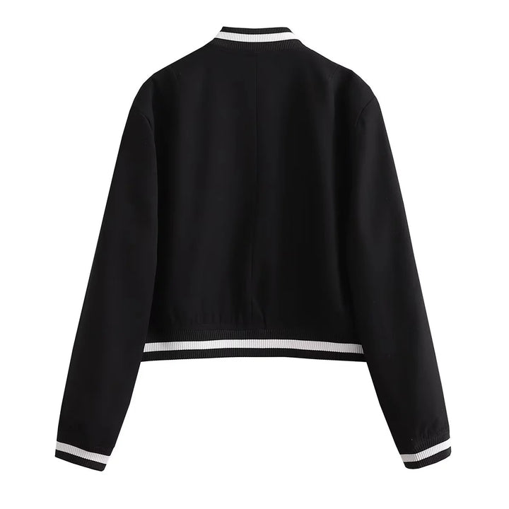 Women's Cropped College Bomber Jacket with Striped Ribbed Cuffs and Snap Button Closure Mune Fashion