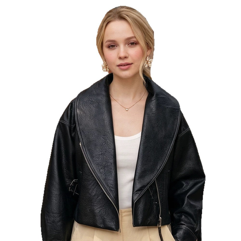 Women's Cropped Biker Jacket made of Faux Leather with Wide Shawl Collar and Asymmetrical Zipper Mune Fashion