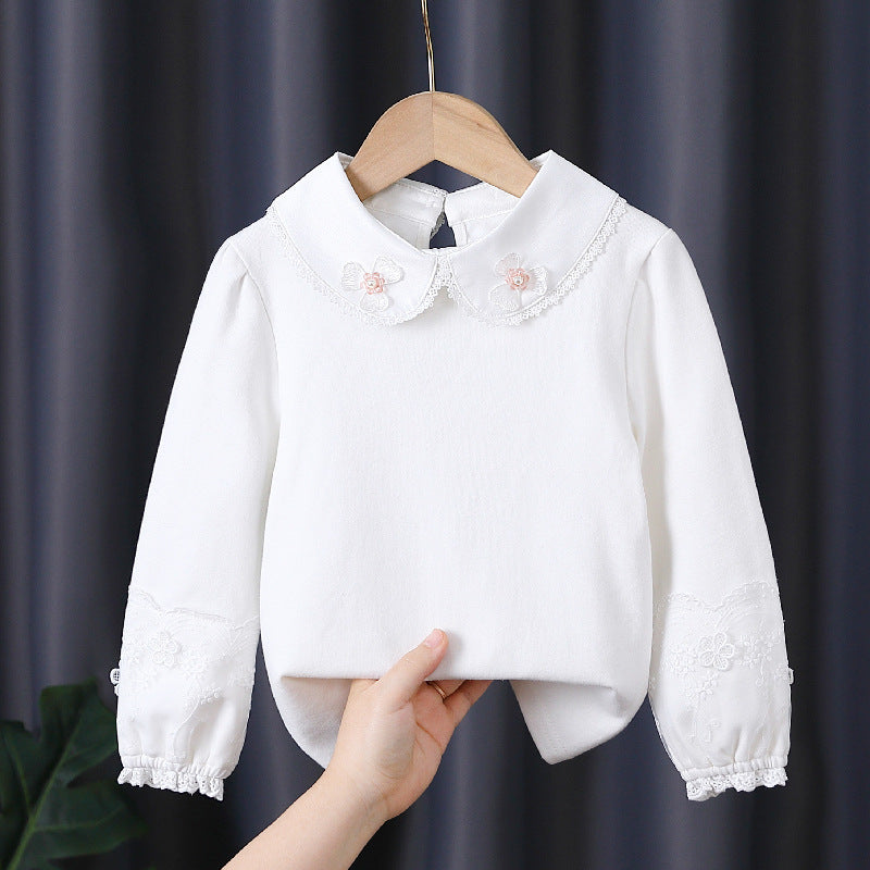 Girls' fashionable long-sleeve blouse with romantic collar and fine floral embroidery Mune Fashion