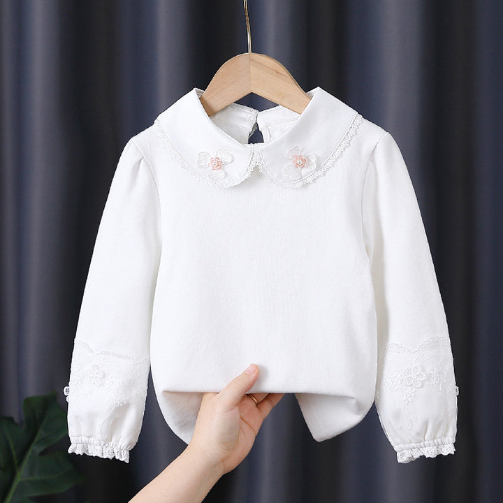 Girls' fashionable long-sleeve blouse with romantic collar and fine floral embroidery Mune Fashion