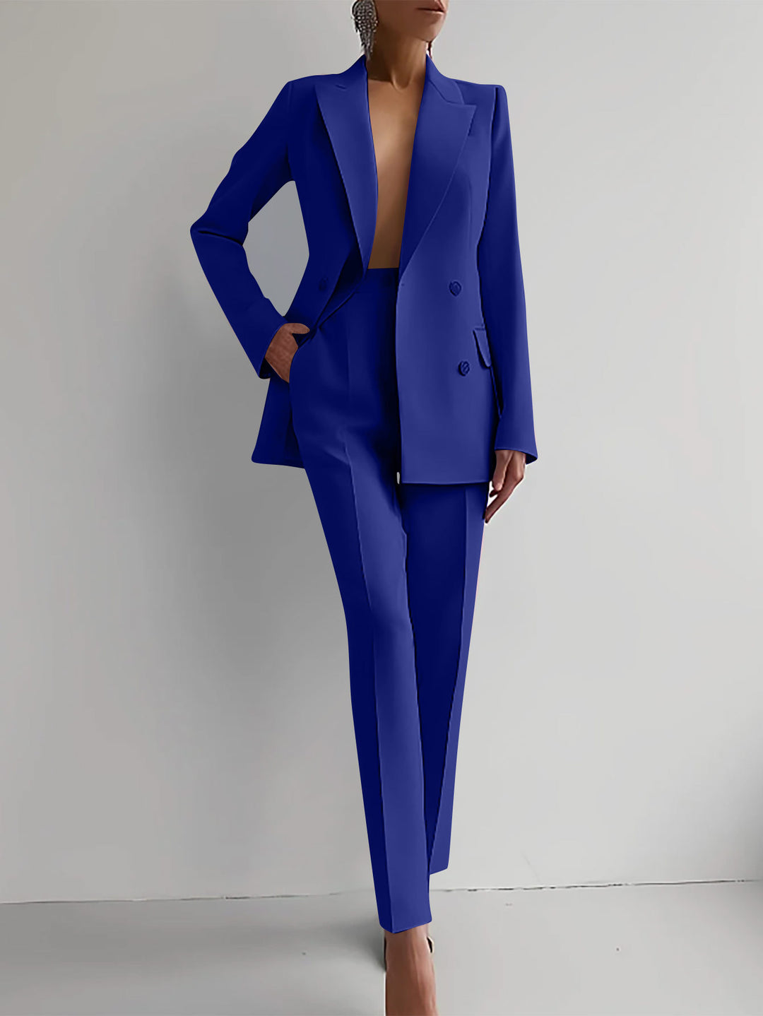 Women Tailored Double-Breasted Blazer with High-Waist Slim-Fit Trousers Mune Fashion