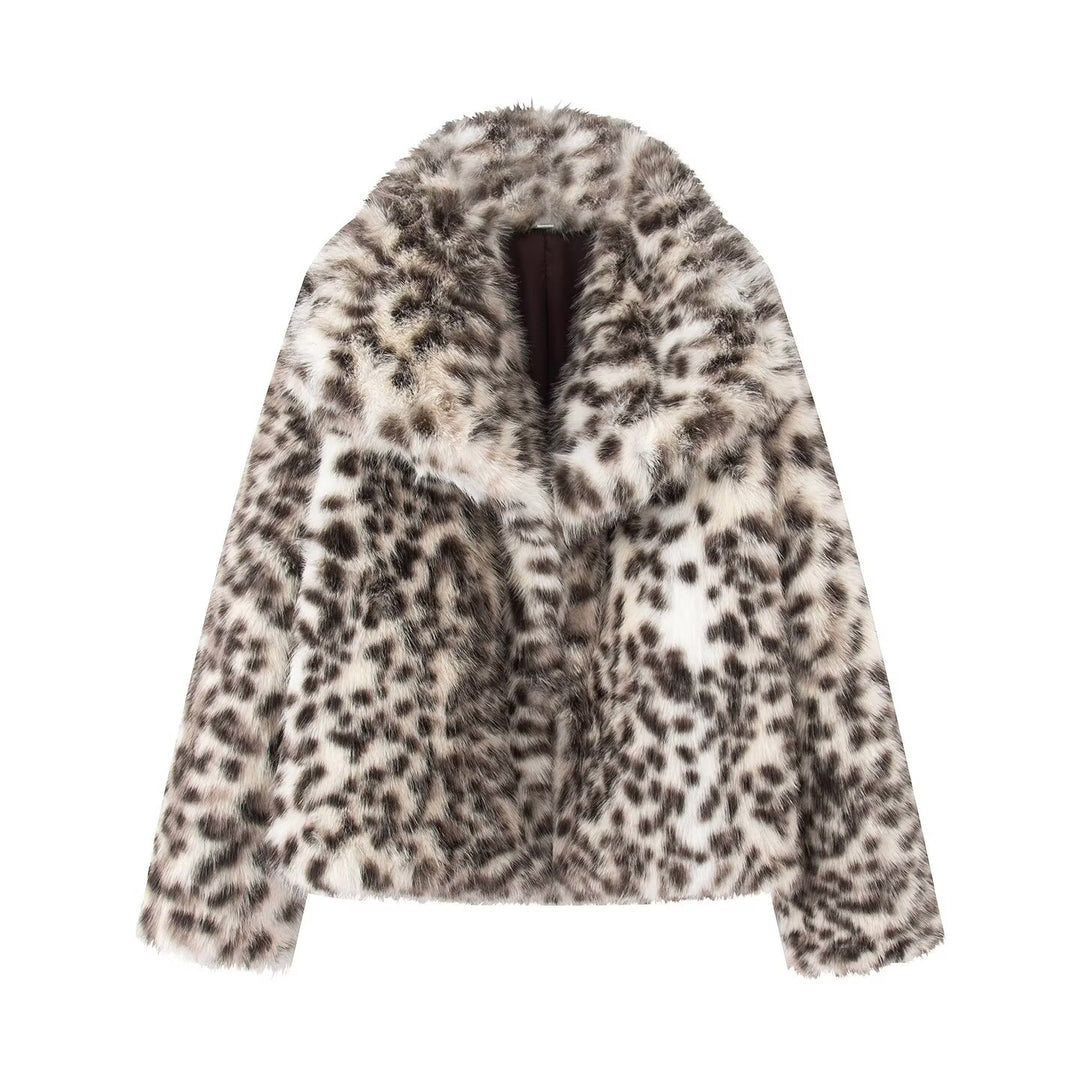 Women's Short Cut Faux Fur Jacket with Leopard Print Mune Fashion