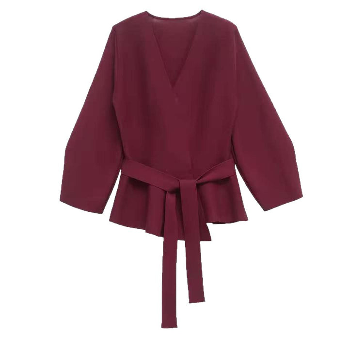 Women Tailored Blouse with Wrap Belt and Peplum Drune