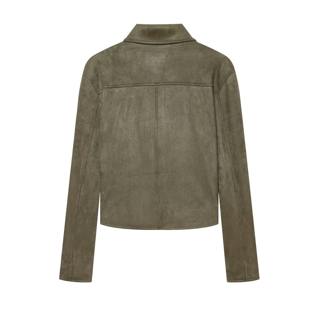 Ladies short-cut suede blazer with shirt collar and patch pockets Drune