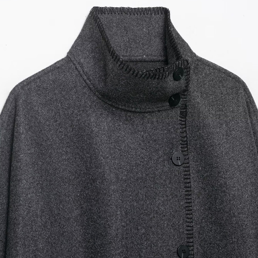 Ladies Wool Blend Cape with High Stand Collar, Button Placket and Decorative Stitching