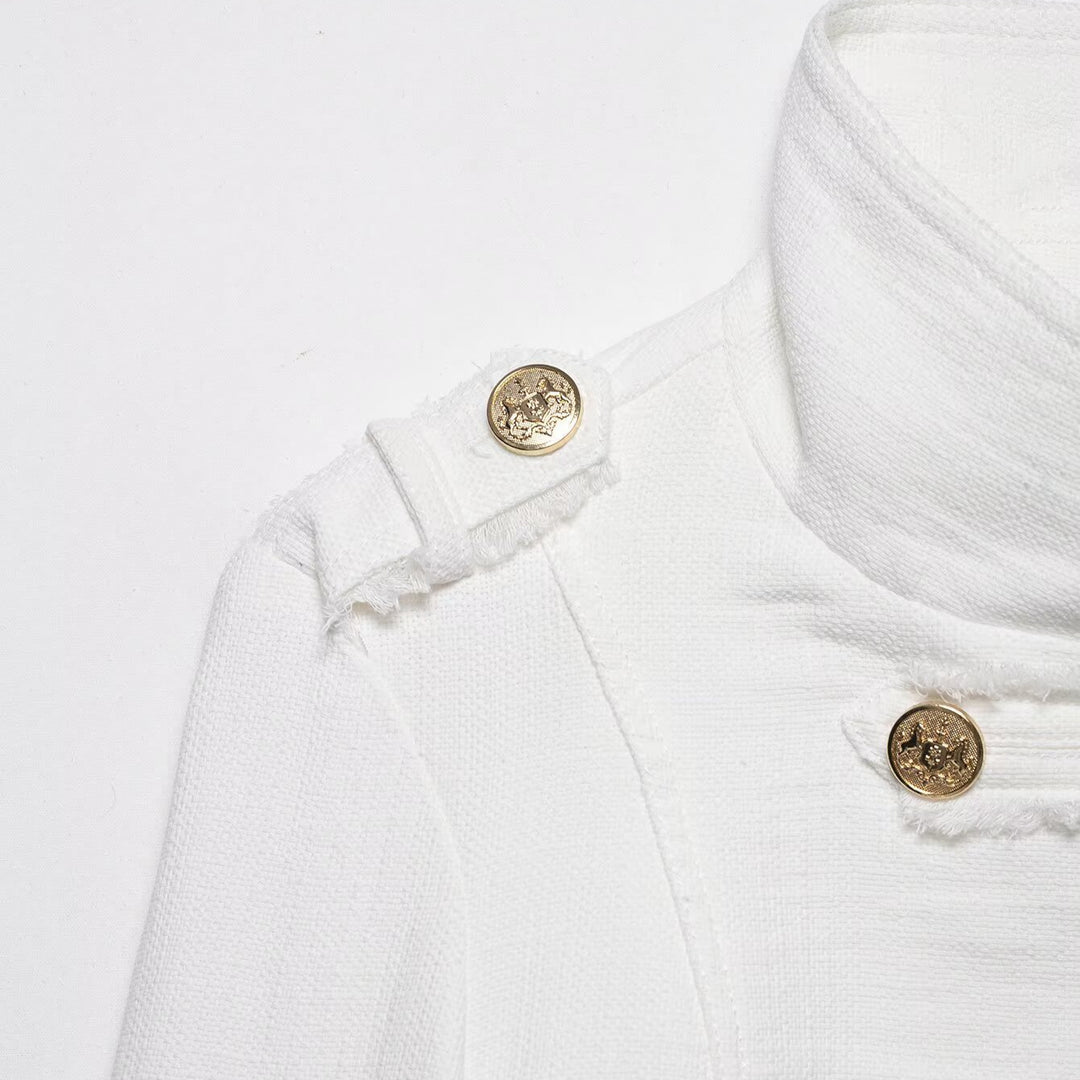 Ladies short jacket in military style made of bouclé with stand-up collar and decorative button placket Mune Fashion