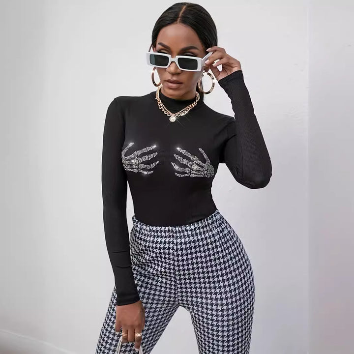 Women’s figure-hugging transparent mesh long sleeve shirt with high collar and rhinestone skeleton motif Mune Fashion