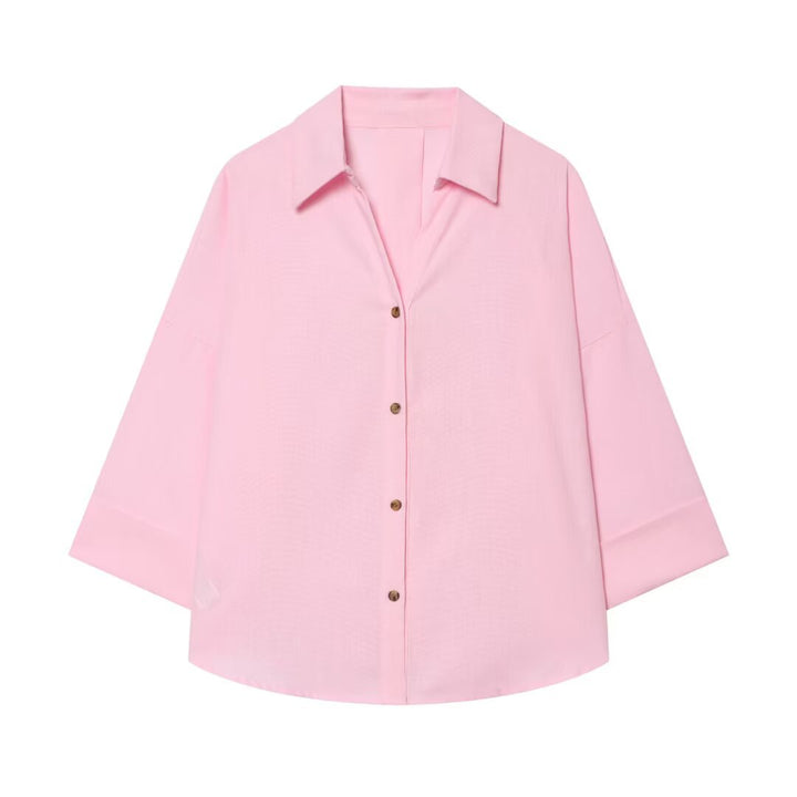 Women's Oversized Shirt Blouse with Boxy Cut, Three-Quarter Sleeves and Horn Button Placket Mune Fashion