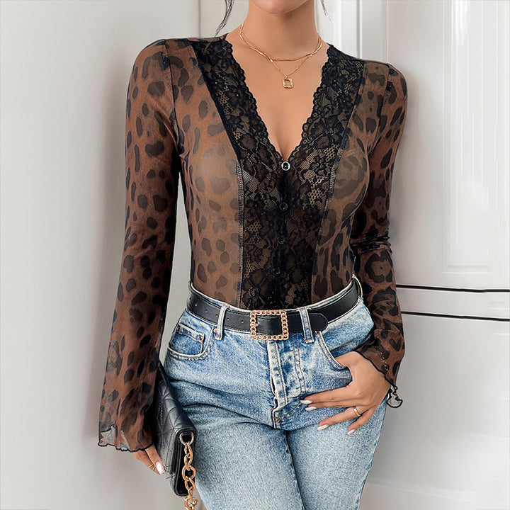 Women Transparent Mesh Bodysuit with Lace Trim, V-Neck and Leopard Print