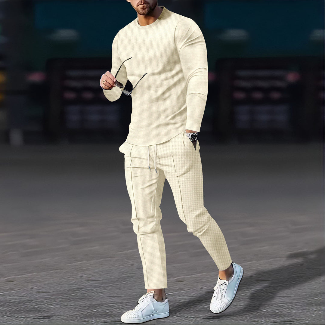 Men's modern lounge set made of fine stretch jersey with round neck long sleeve and tapered cargo jogger Mune Fashion