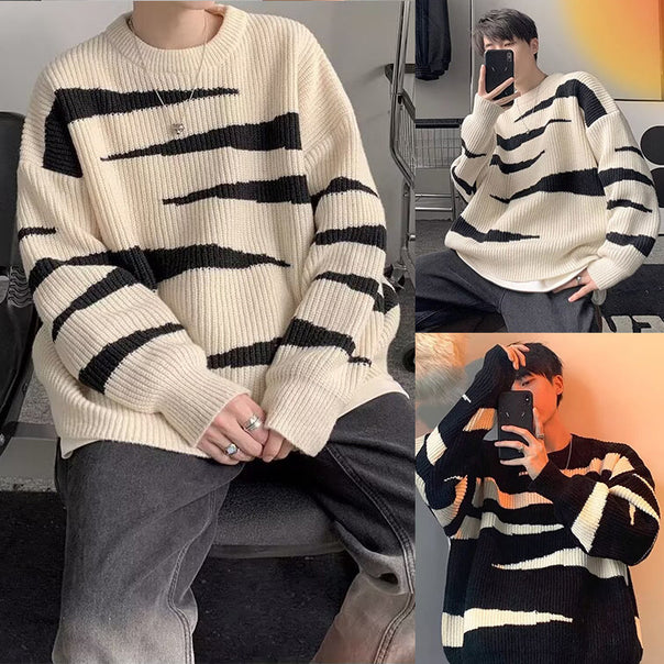 Men's Casual Chunky Knit Sweater with Stripes Mune Fashion