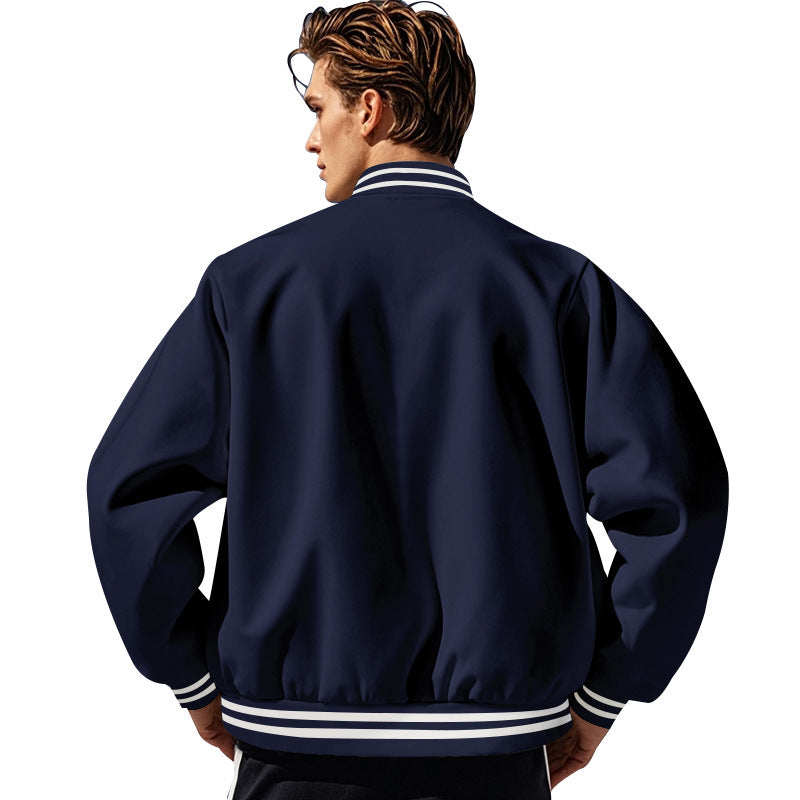 Men's classic college baseball jacket with elastic ribbed cuffs, snap button placket, and patch pockets Mune Fashion