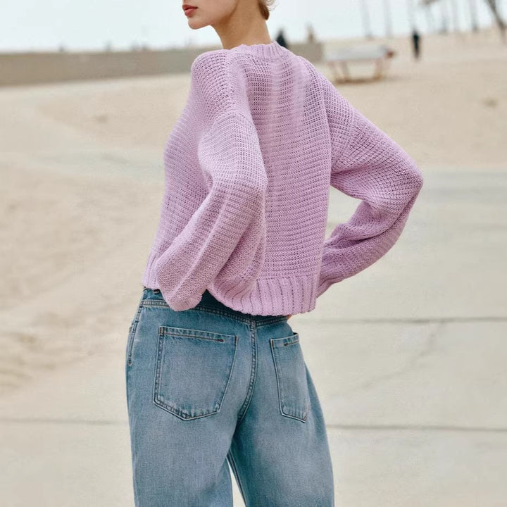 Women's Loose Cropped Cardigan with Button Placket and Open Structure Drune