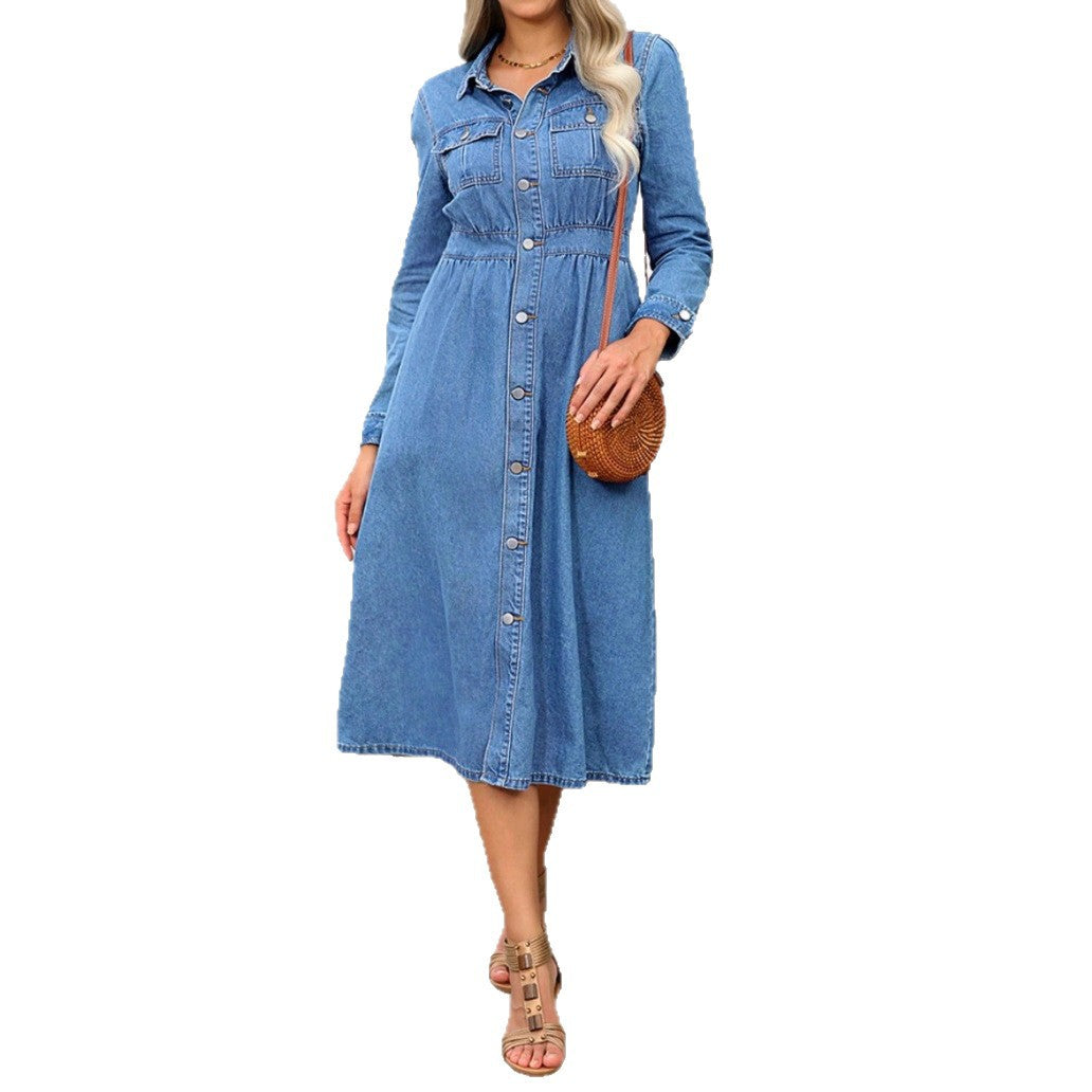 Women's denim midi dress with button placket, tailored fit and chest pockets Mune Fashion