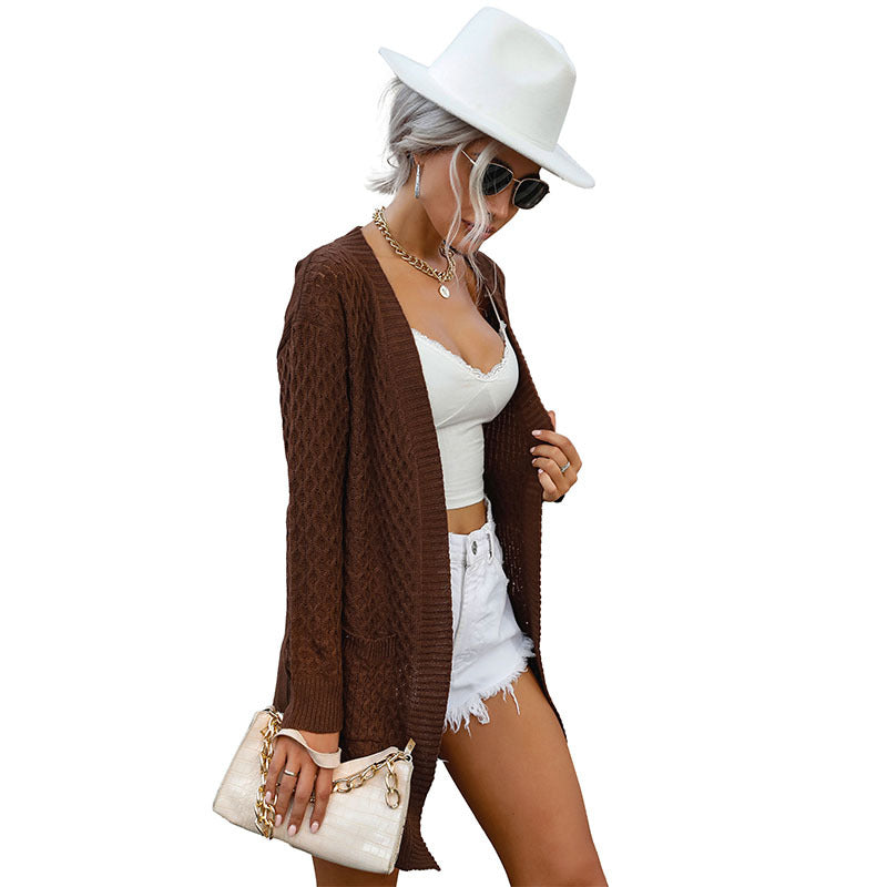 Ladies Long Cardigan with Cable Pattern, Open Front and Patch Pockets Mune Fashion