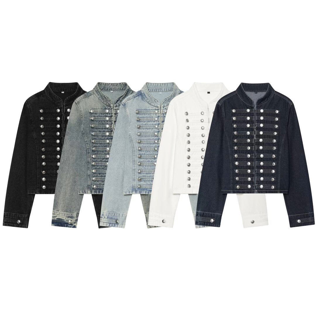Women's Cropped Denim Blouson in Tailcoat Style with Decorative Row Buttons Mune Fashion
