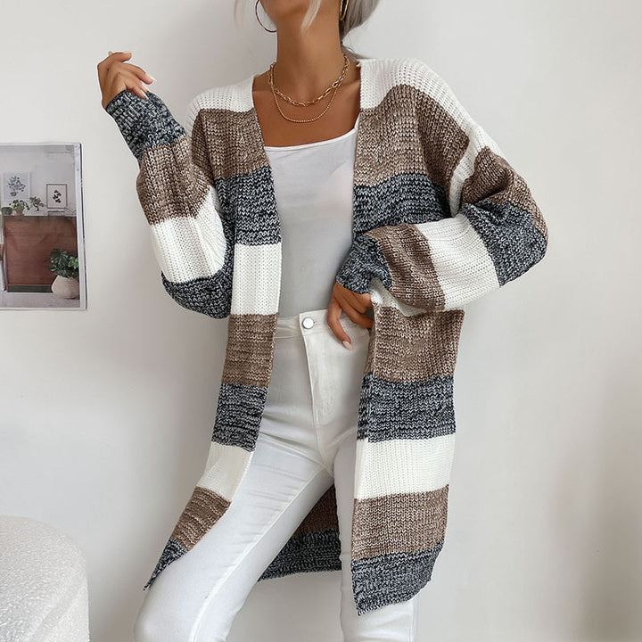 Women's Long Oversized Knit Cardigan with Block Stripes and Open Front Mune Fashion