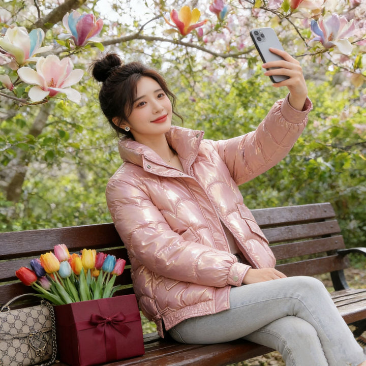 Women Shiny Quilted Jacket with High Collar Mune Fashion