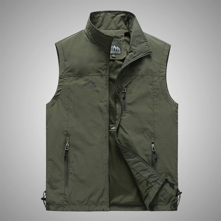 Men's Multifunctional Utility Vest with Stand-up Collar, Zipper Pockets, and Breathable Mesh Lining Mune Fashion
