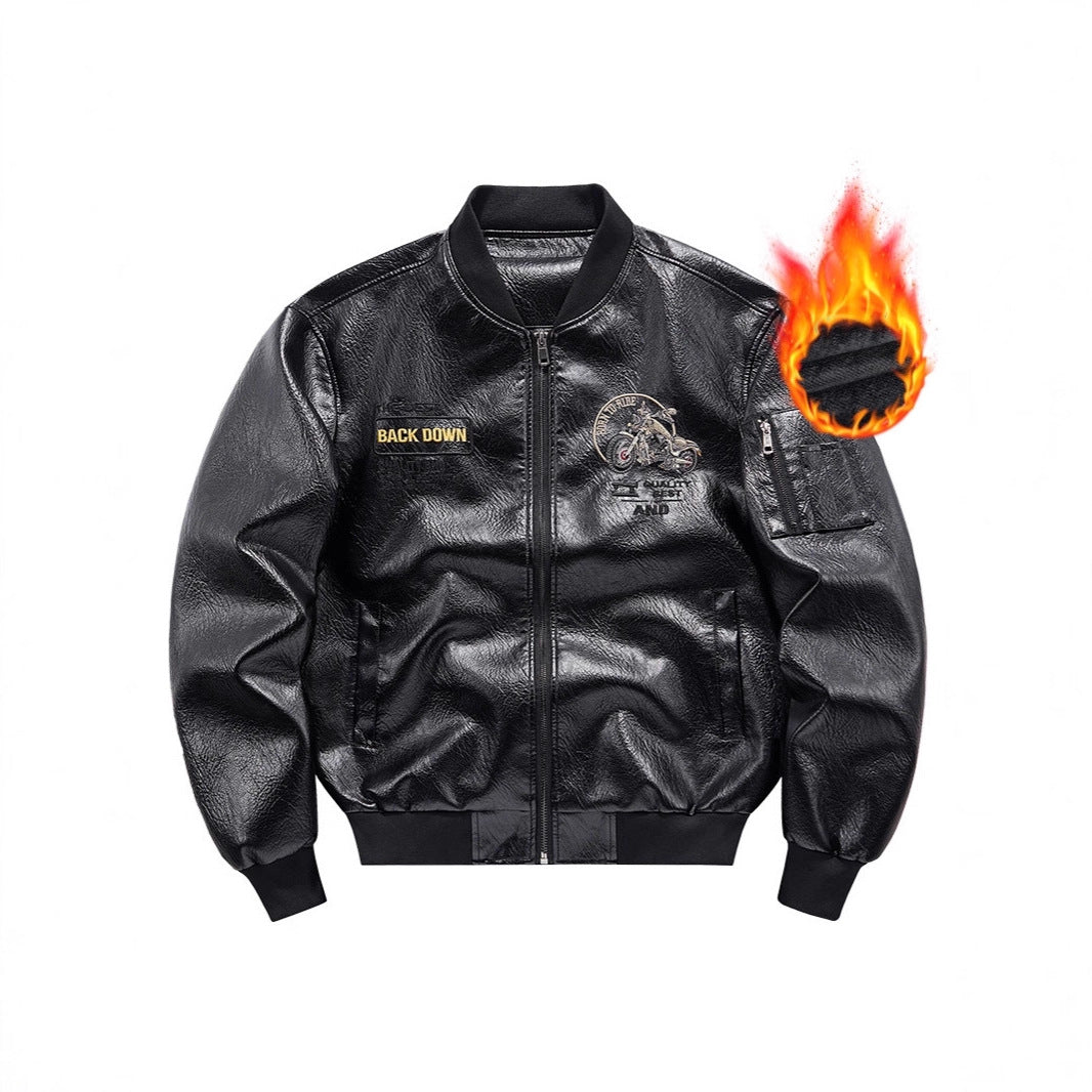 Men's Biker Leather Look Bomber Jacket with Embroidery Patches and Arm Pocket Mune Fashion