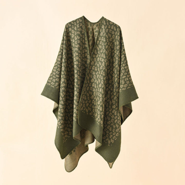 Women Wool Blend Ruana with tonal leopard jacquard and boxy kimono drape
