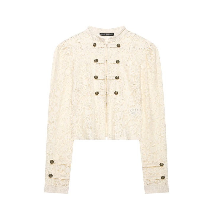 Women's Short Lace Jacket in Military-Inspired Style with Stand-Up Collar and Decorative Buttons Drune