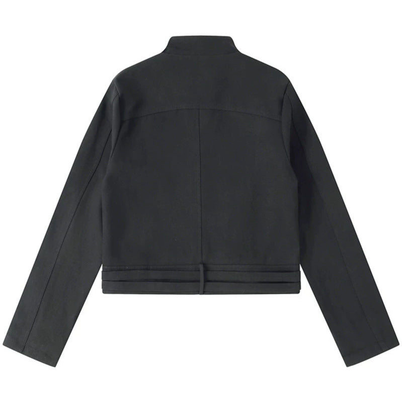 Women's Short Cut Cotton Utility Jacket with Stand-Up Collar Front Zip and Adjustable Waist Straps Mune Fashion