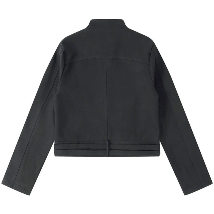 Women's Short Cut Cotton Utility Jacket with Stand-Up Collar Front Zip and Adjustable Waist Straps Mune Fashion