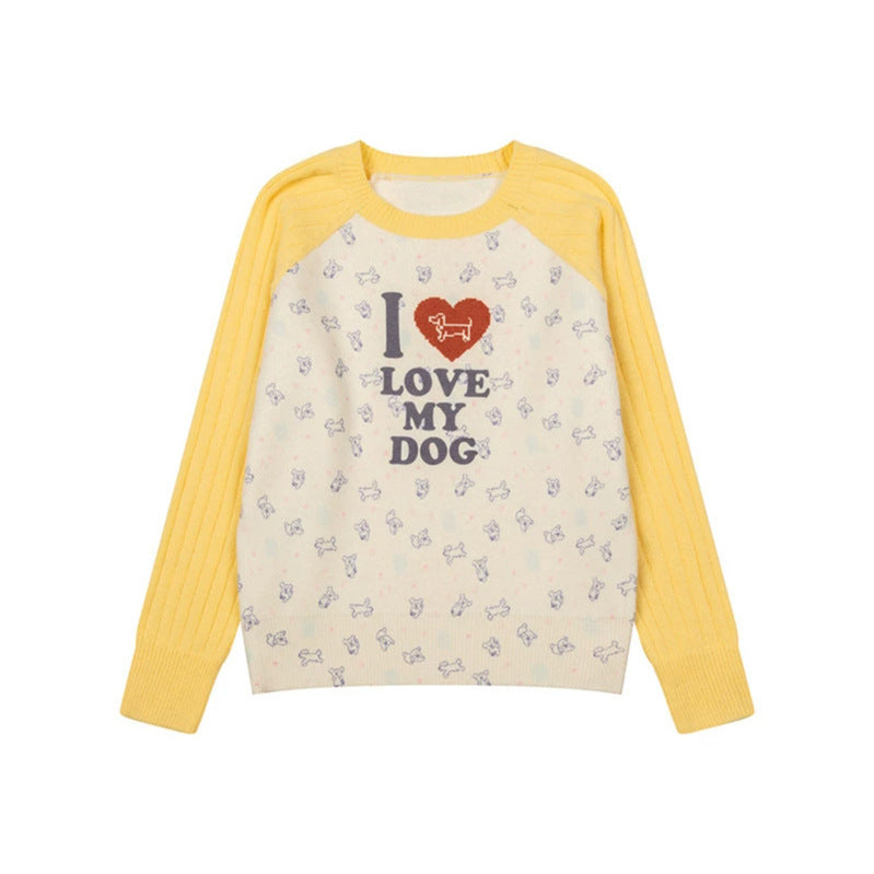 Women's knitted raglan sweater with heart dog motif, ribbed sleeves and all-over print Mune Fashion